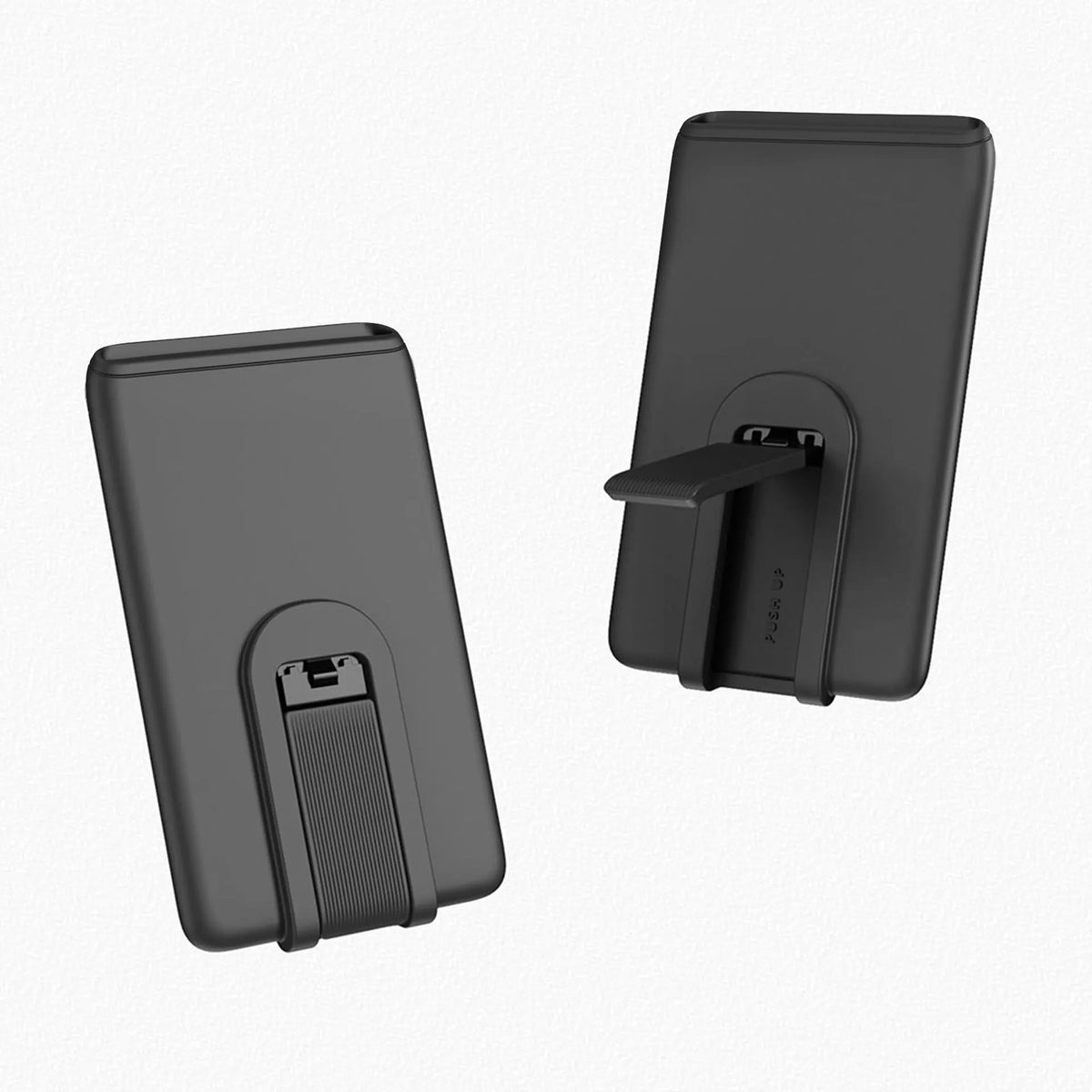Black silicone phone card holder with bracket, 5.8 x 9.4cm, multifunction mobile phone bag for cards and stand use.