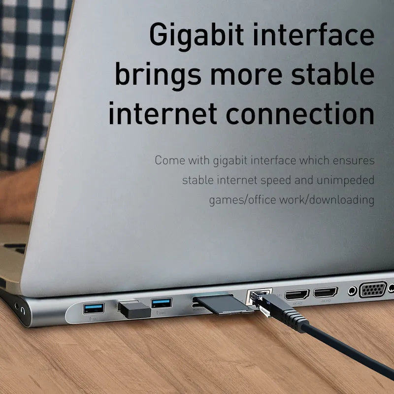 Grey aluminium alloy ten-port docking station hub with cooling bracket showing HDMI, VGA and USB ports
