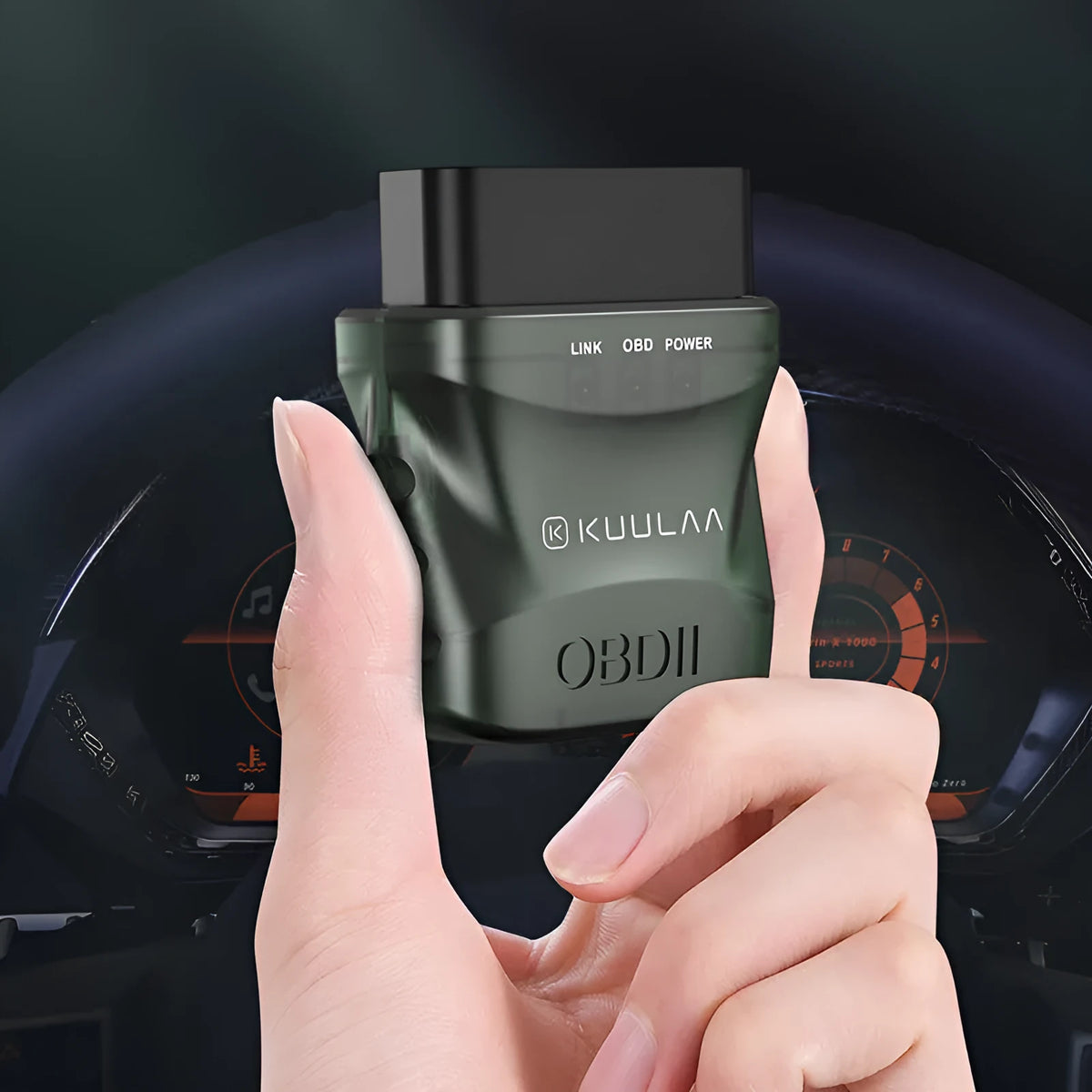 Green plastic Bluetooth OBD auto fault detector with OBDII connector and user manual