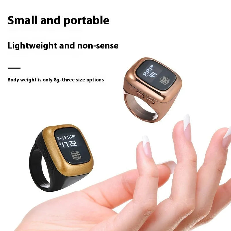 Al-fatiha digital electronic wrist counter with display screen shown in multiple colour options.