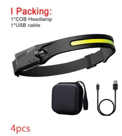 Black USB rechargeable headlamp with a wide COB LED lens and a side wave sensor on the headband.
