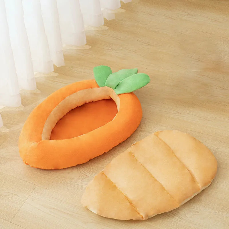 Carrot-shaped plush dog nesting bed with a soft blanket, shown in M and L sizes.