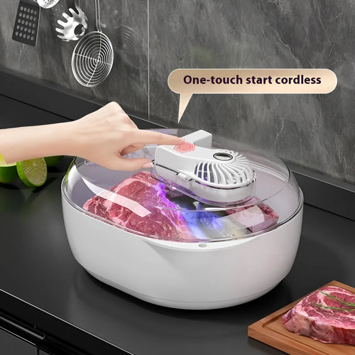 Aluminium food defrosting plate on a kitchen countertop, shown with a USB cable