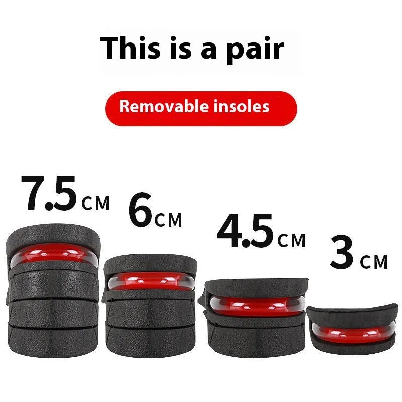 Black height increasing insoles for women and men, half and full pad options from 3cm to 7.5cm, sizes 35-44