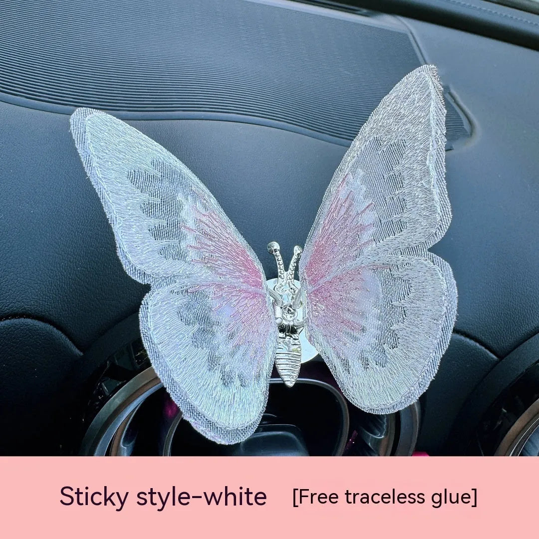 Moving embroidery butterfly fabric car centre console air vent decoration in multiple colour options