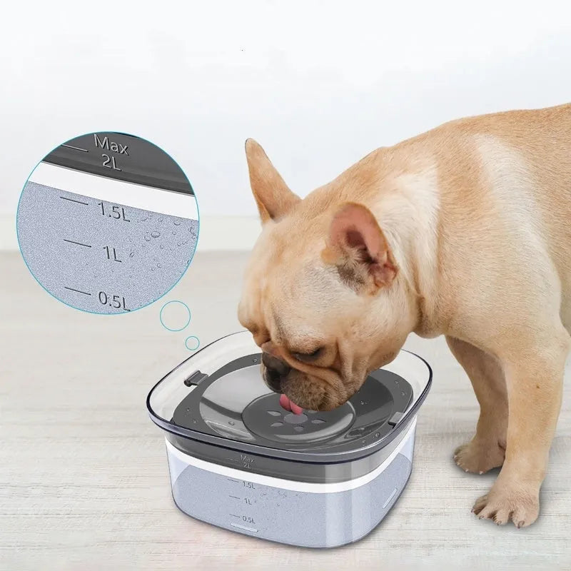Transparent large 70oz dog water bowl with floating slow drink disk and non-slip base