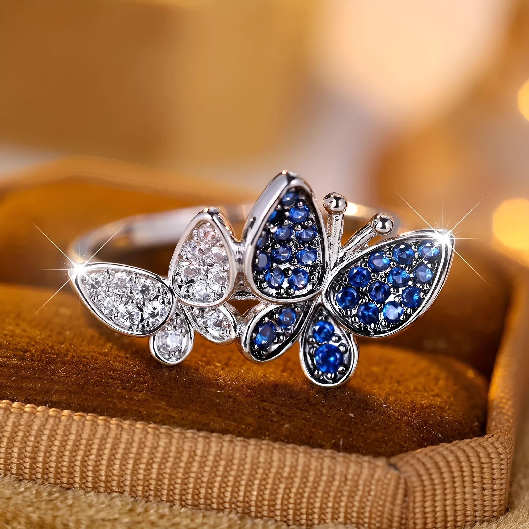 Blue and white butterfly ring for women in electroplated copper, sizes 6-10 available