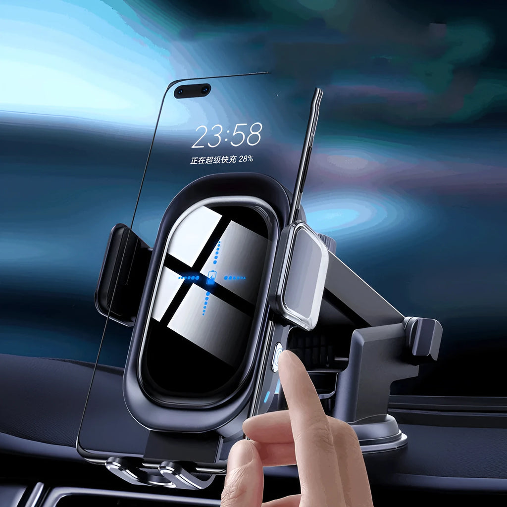 Black 08 induction car wireless charger with suction cup holder and air outlet clip, QI standard, 15W output