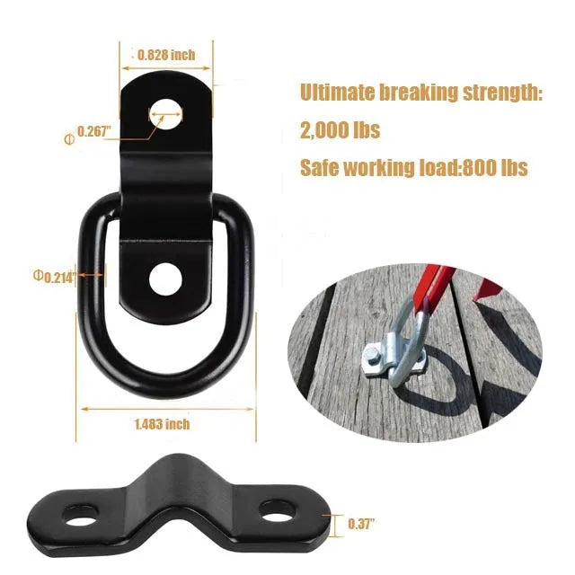 Black galvanised pull ring floor hook for mounting in a truck cargo bed.