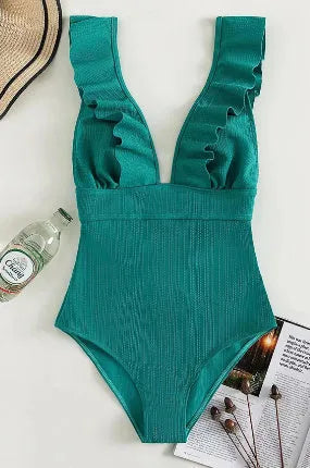 Women's black one-piece swimsuit with ruffled adjustable shoulder straps and lace back detail.