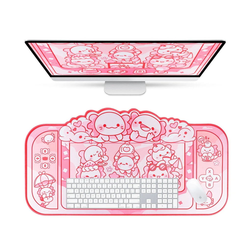 Large rectangular cloth mouse pad with hexagonal dragon crane machine cartoon design, shown on a desk.