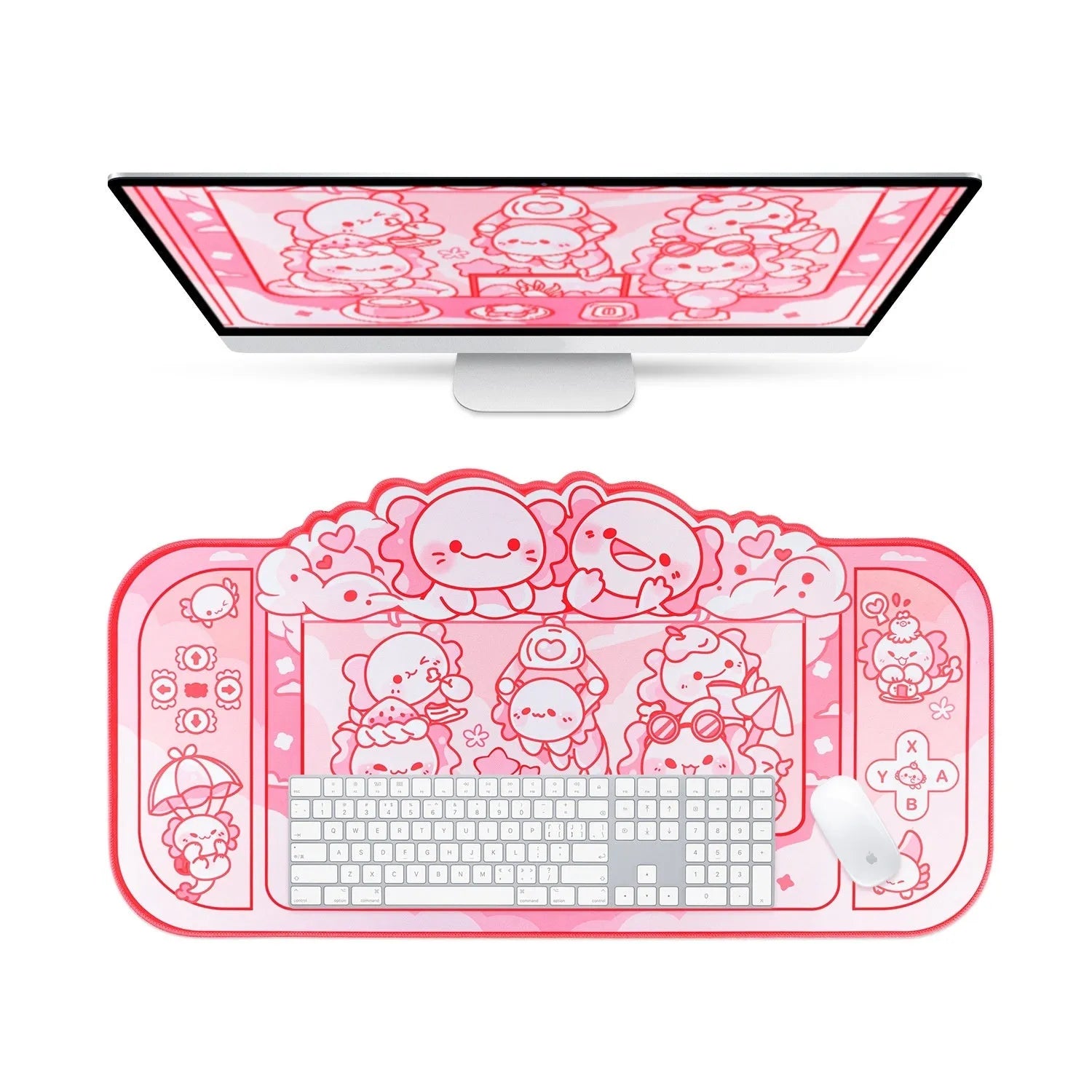 Large rectangular cloth mouse pad with hexagonal dragon crane machine cartoon design, shown on a desk.