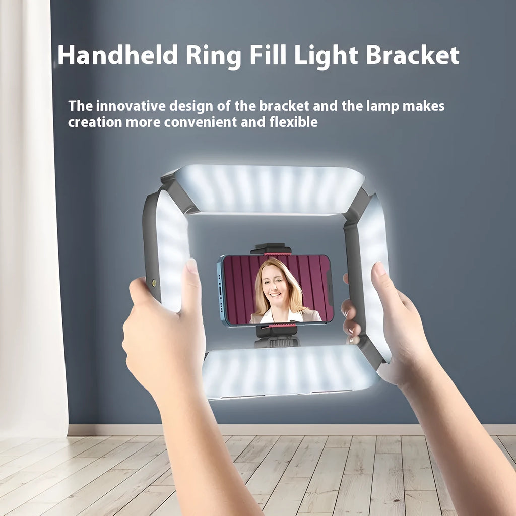 White handheld ring photography fill light bracket with frosted soft light panel, circular lamp, phone clip, and 20W CRI96 LED.
