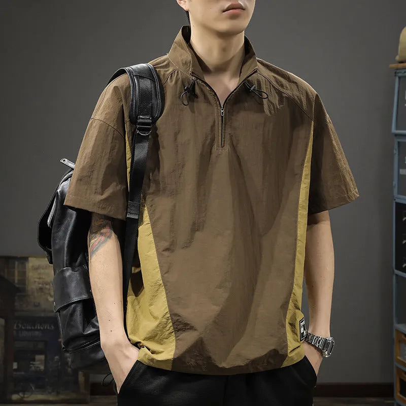 Men's brown ice silk half-zip business casual shirt with a stand collar and short sleeves.