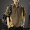 Men's brown ice silk half-zip business casual shirt with a stand collar and short sleeves.