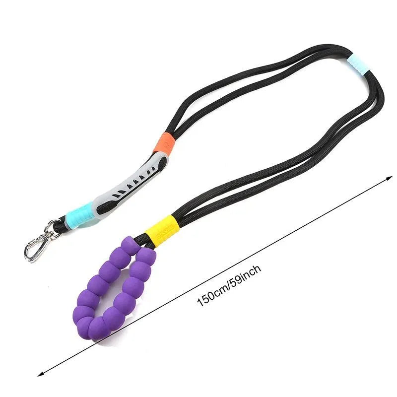 Nylon dog lead with foam handle showing black, light purple, sky blue and yellow colour options