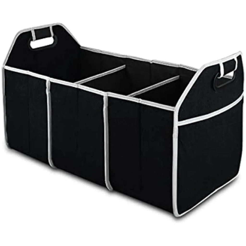 Black large capacity car multi-pocket trunk organizer with foldable lid in vehicle trunk