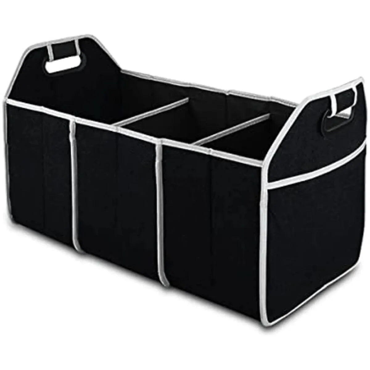 Black large capacity car multi-pocket trunk organizer with foldable lid in vehicle trunk