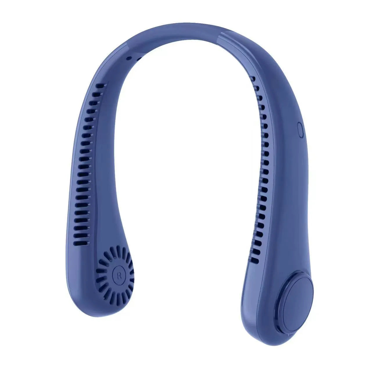 White bladeless neck fan hanging around neck showing annular air outlet design