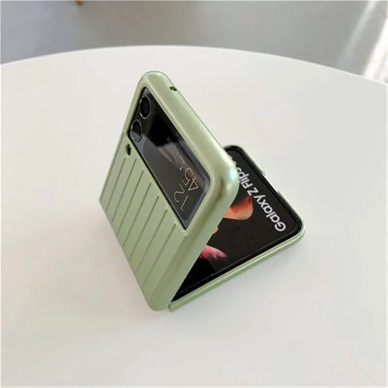 Samsung Z Flip3 ultra-thin flip phone case in solid black, red, pink, silver, gold, sky blue, and light green colours.