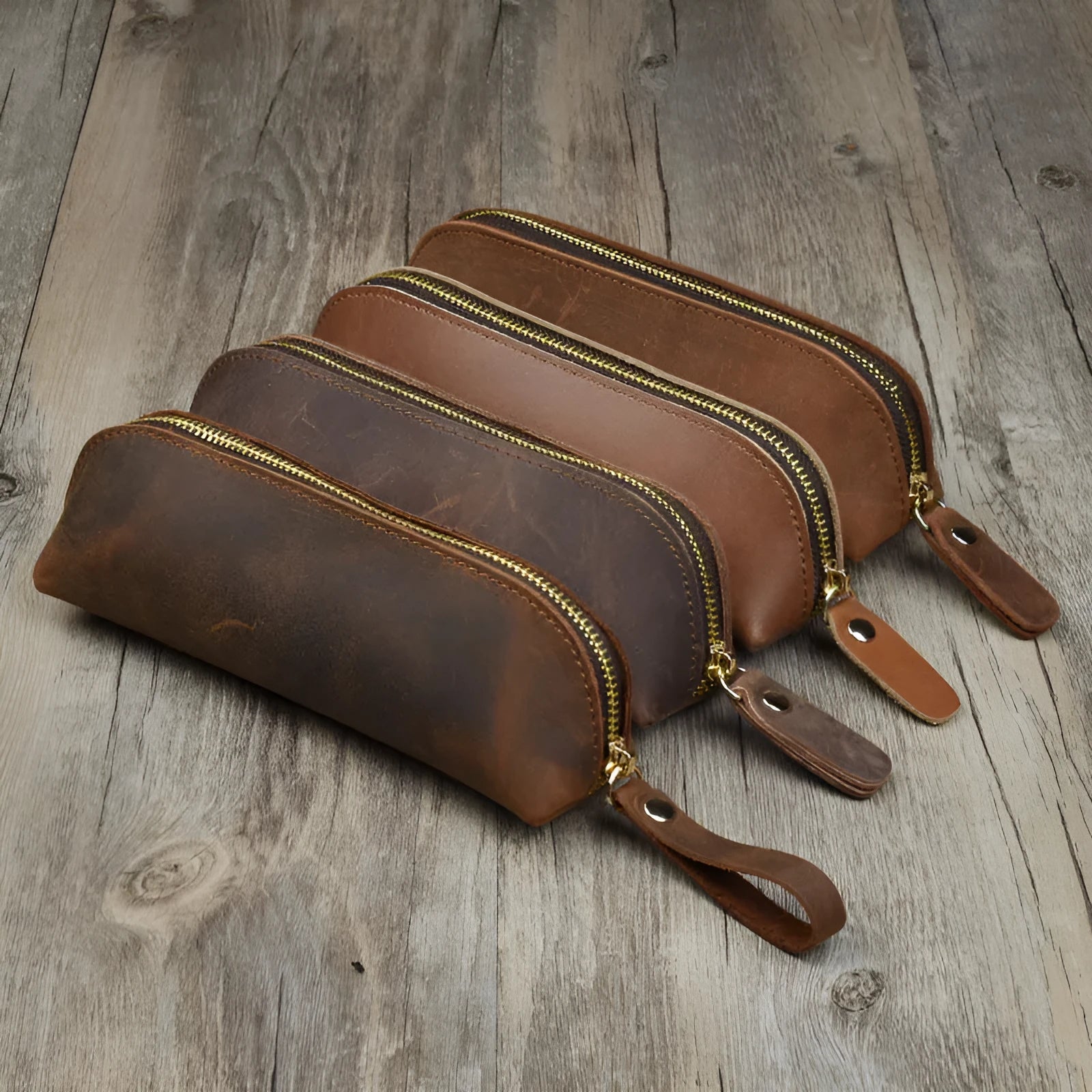 Handmade genuine leather pencil case in square design with zipper closure