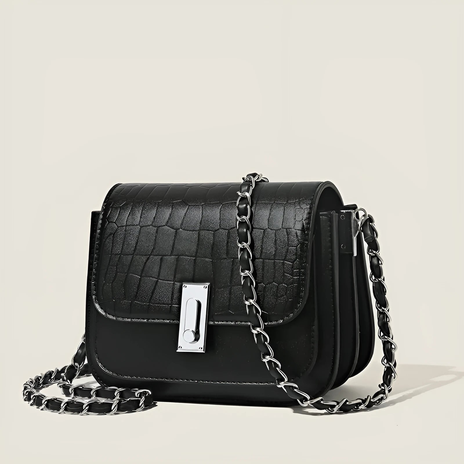 Women's soft PU chain shoulder bag in black, white, or green with internal phone pocket