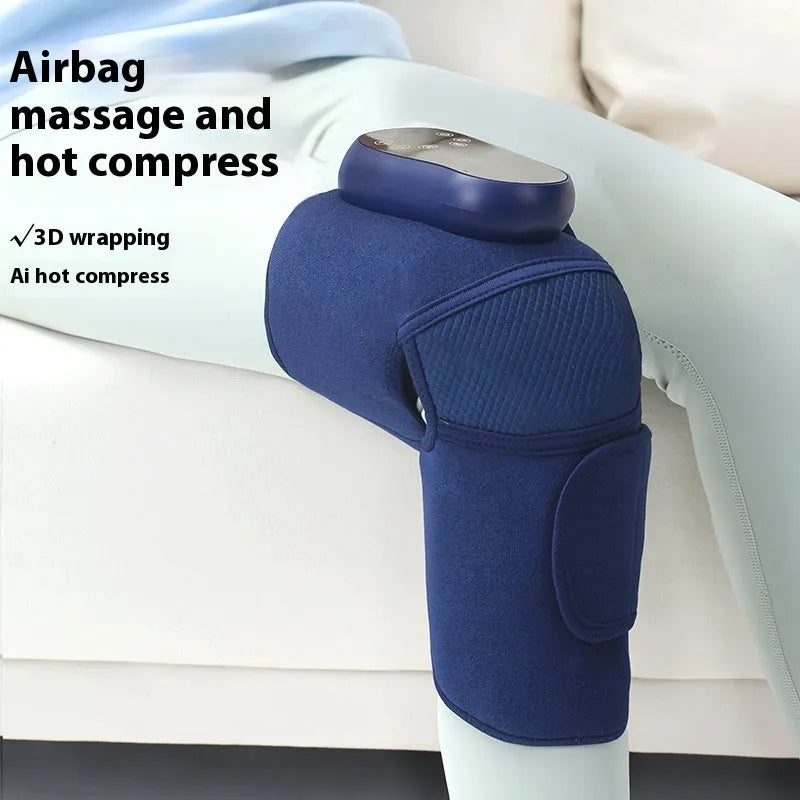 Airbag blue self-heating knee massager with adjustable wrap showing air pressure chambers