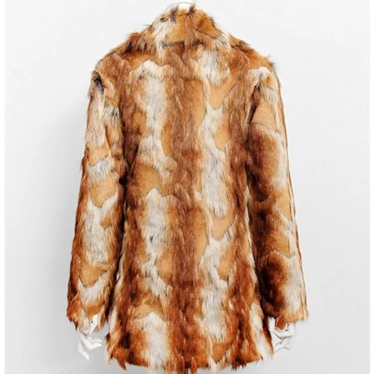 Women's slim-fit tiger pattern faux fur leather jacket with long sleeves on a model.