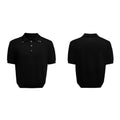 Black loose fit men's short sleeve shirt with a lapel collar and fastener decoration.