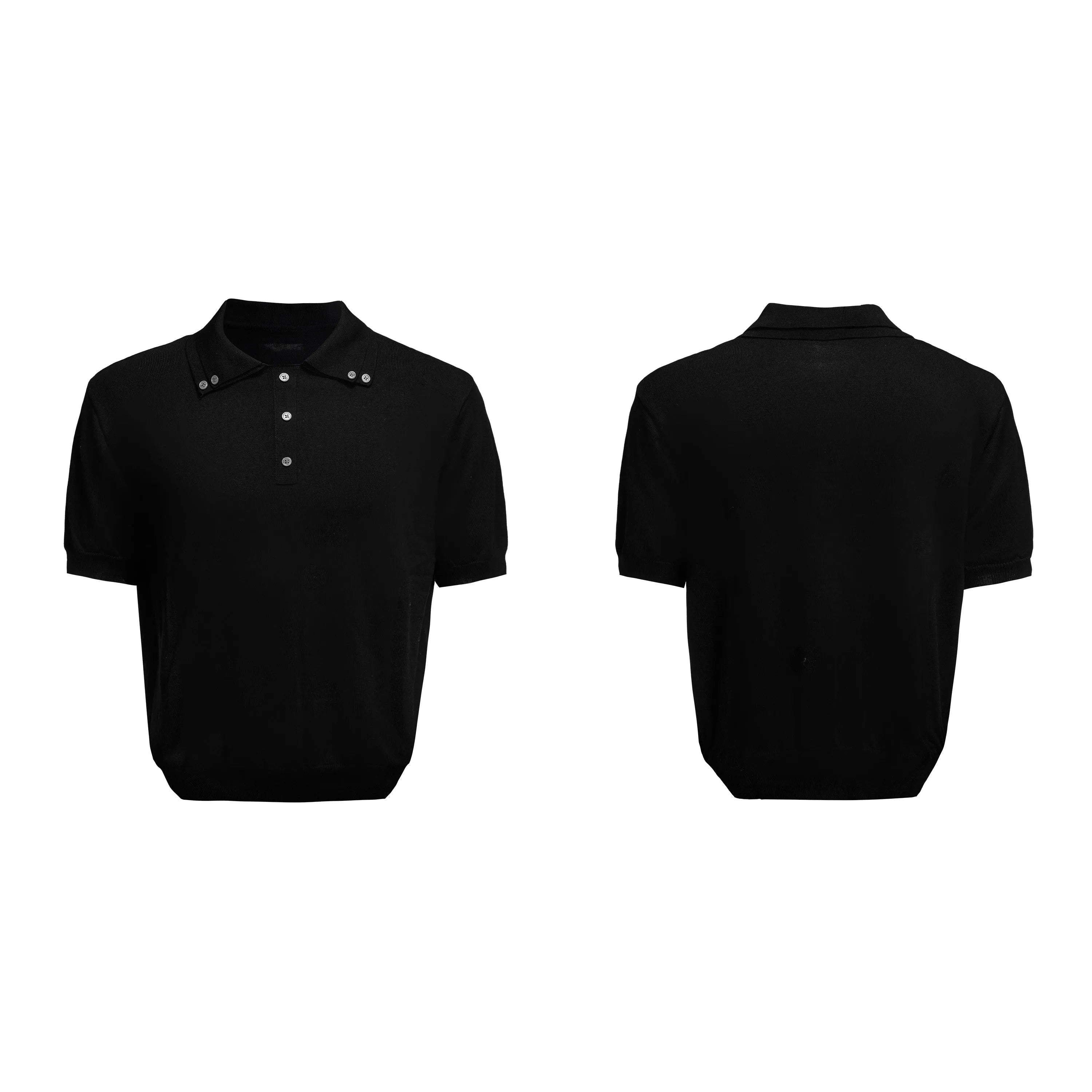 Black loose fit men's short sleeve shirt with a lapel collar and fastener decoration.