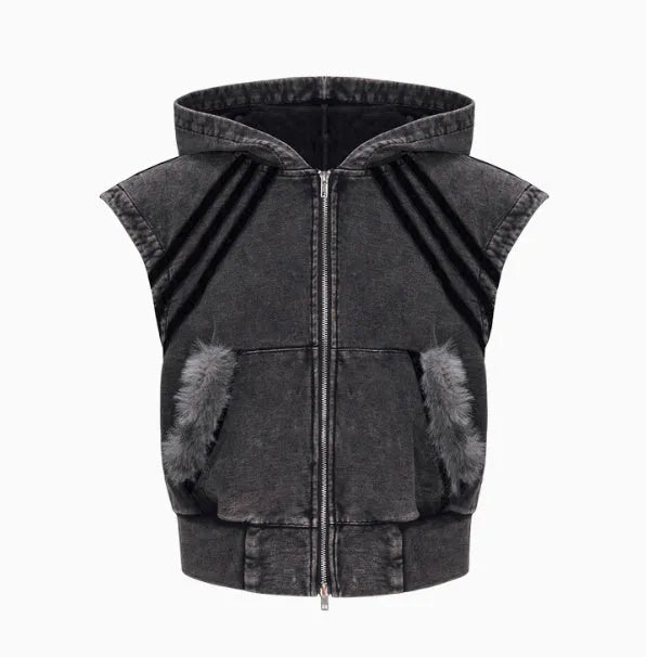 Black and grey stitching fur sleeveless hooded tank top and matching trousers set on a hanger