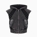 Black and grey stitching fur sleeveless hooded tank top and matching trousers set on a hanger