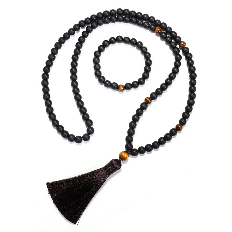 Tigereye stone beaded necklace and bracelet set with drop pendant and tassel detail