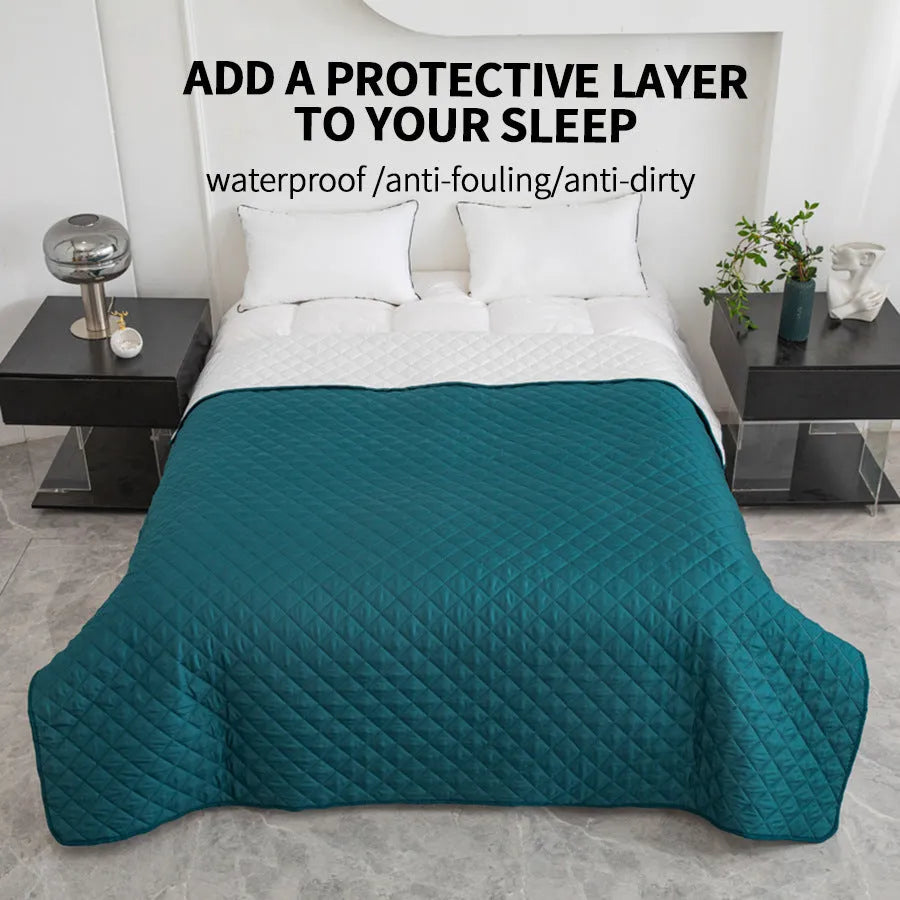 Chemical fibre bedspread with geometric pattern in black, showing sanding finish texture
