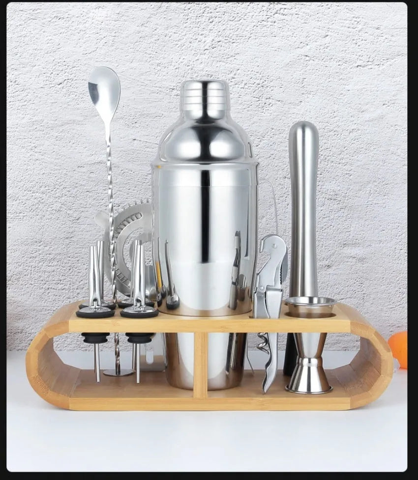 23-piece European-style cocktail set with stainless steel and acrylic bar tools including shaker and jigger.