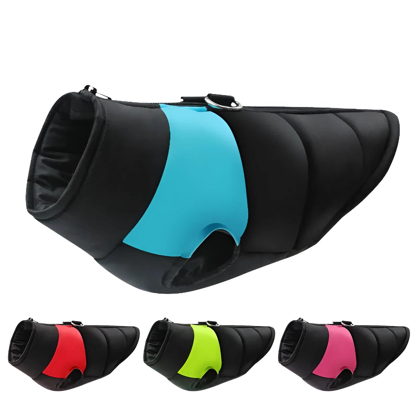 Winter waterproof padded dog jacket with front zipper in blue colour on size chart showing eight sizes