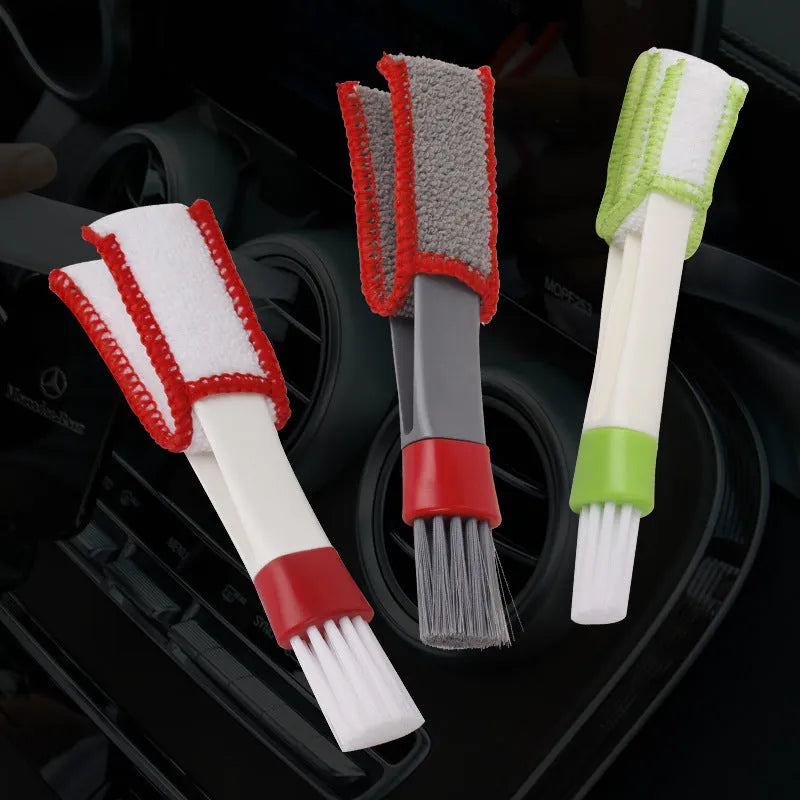 Multi functional double head gap brush for air conditioner slatted vent cleaning with green handle and superfine fibre bristles on white background