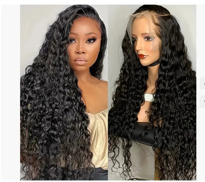 Curly human hair lace frontal wig showing 150 density hand-woven construction in various length options