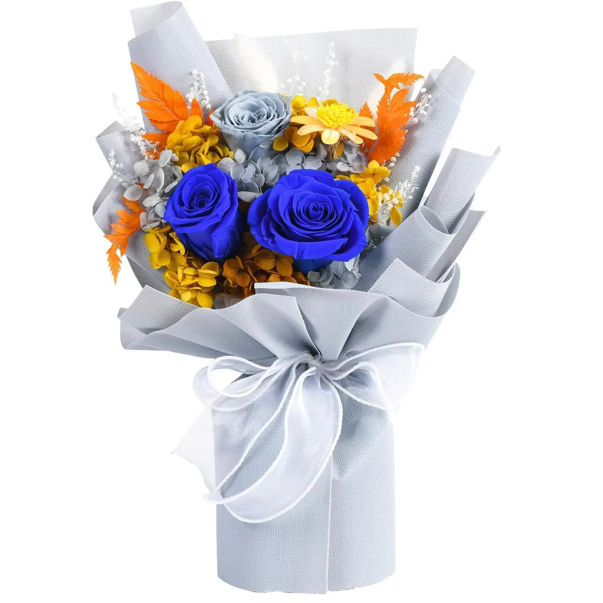 Preserved fresh flower rose bouquet in purple, gray blue, white, pink, or khaki, supplied as one bunch for gifting.