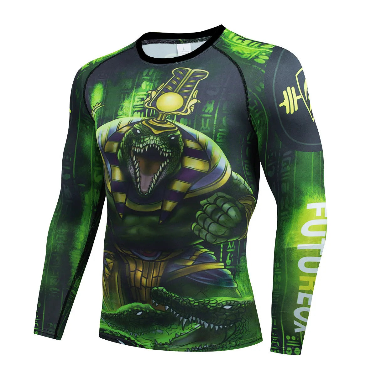 Man wearing a slim fit, printed ZF016 long sleeve sports top and matching trousers for running.