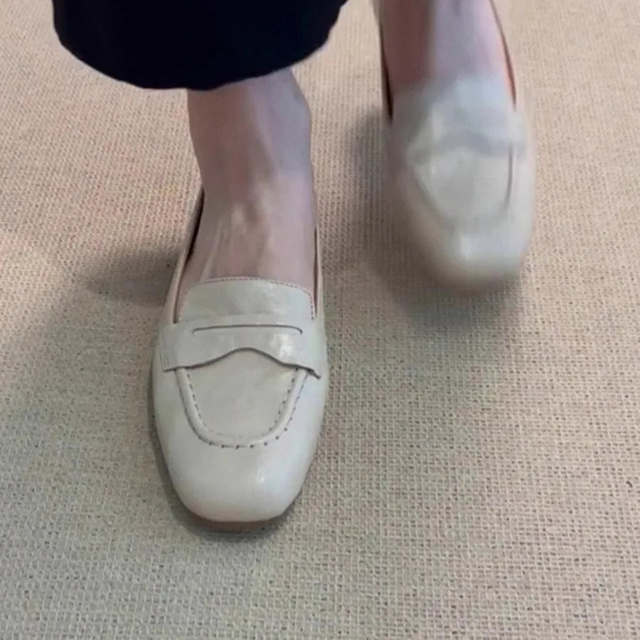 Women's square toe flat leather shoes in beige white with low heel and cowhide lining