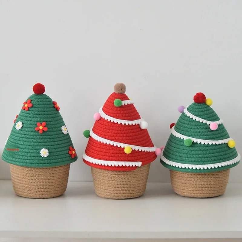 Christmas decoration storage basket in cotton thread with green Christmas tree colour