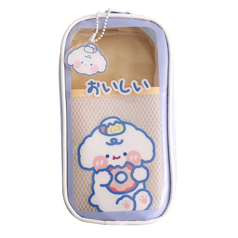 Transparent PVC student pencil case with Korean-style cartoon design showing stationery storage capacity