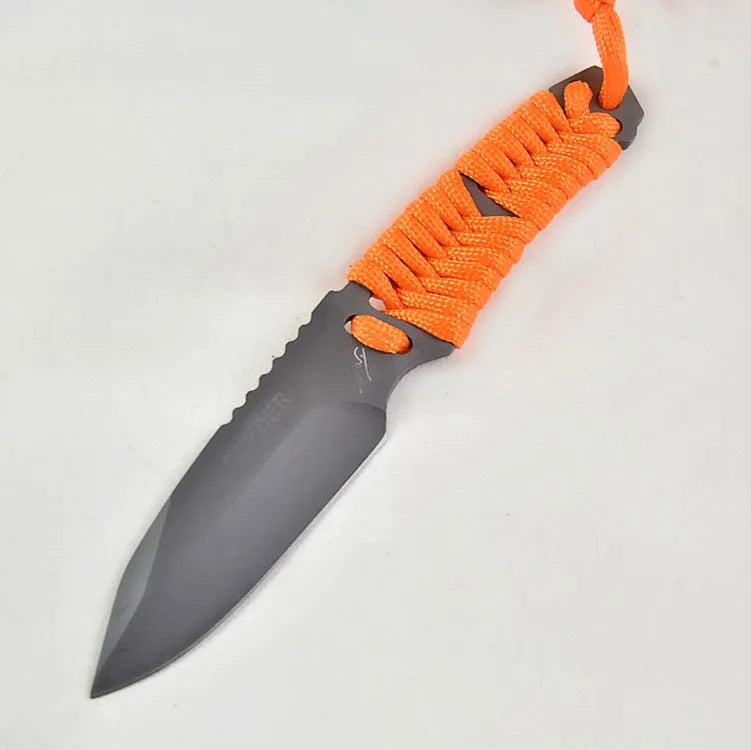 Multi-function survival knife with 80mm blade, binding rope handle and ABS sheath
