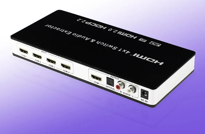 Black 4-port HDMI audio video switch with remote control and 10-metre HDMI cable