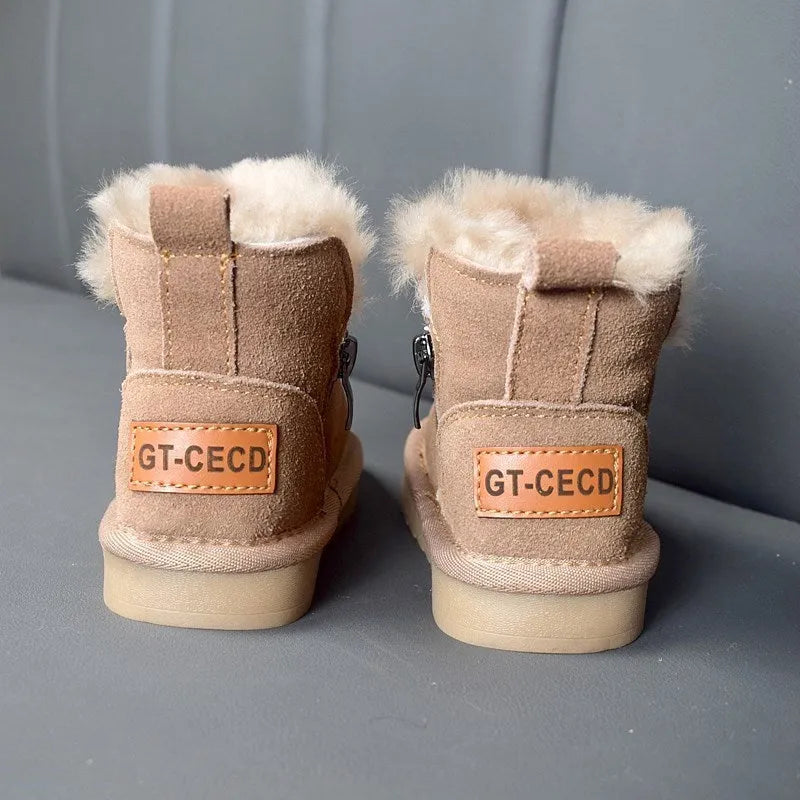 Children's genuine leather winter snow boots with wool lining in khaki, pink, and brown, sizes 21-30