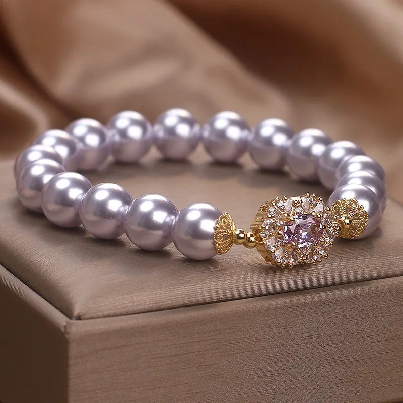 Dreamy purple zircon pearl bracelet with diamond flower design in lavender purple for women