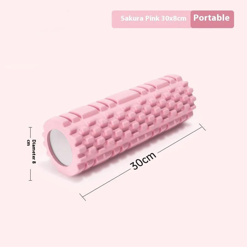A firm EVA foam roller for fitness and yoga, shown in a selection of colours including black, pink, and sky blue.