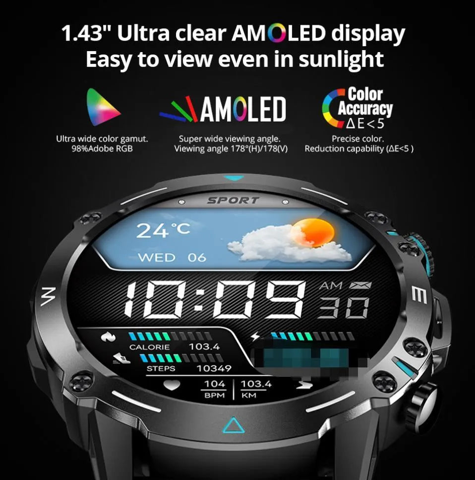 M42 smart watch in black, grey, or green with large AMOLED screen on wrist