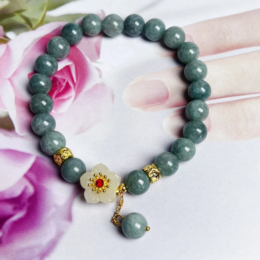 Women's adjustable jade bracelet with hand-tied cord in retro style